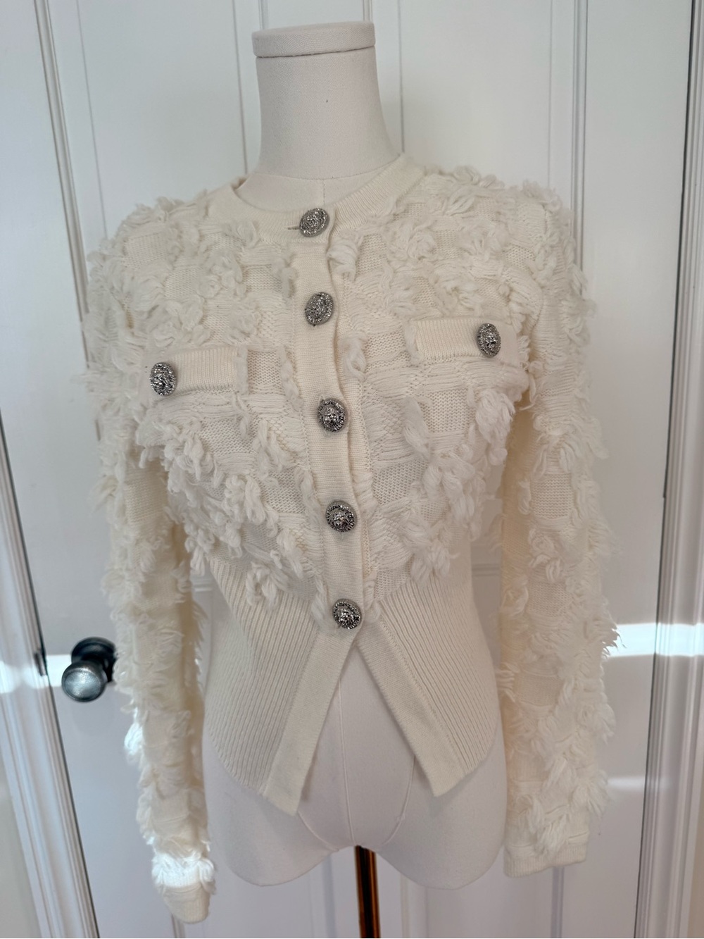 Balmain Cream Textured Button-Up Sweater